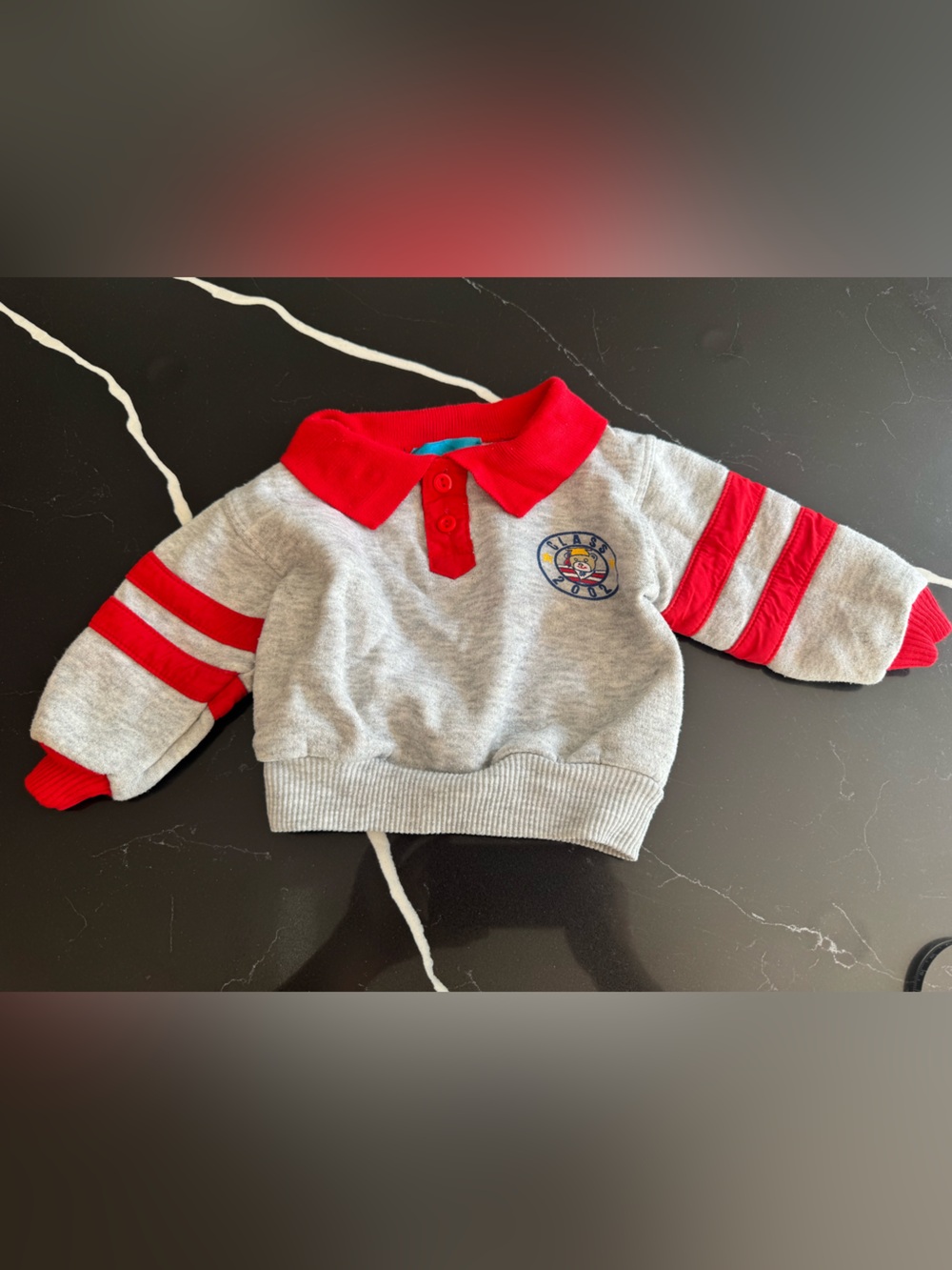Vintage Gray & Red Baby Sweater with Patch